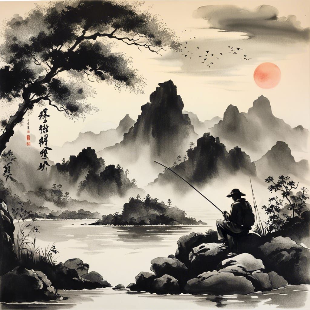 Mountains, Fisherman, and Sunset: Ink Drawing