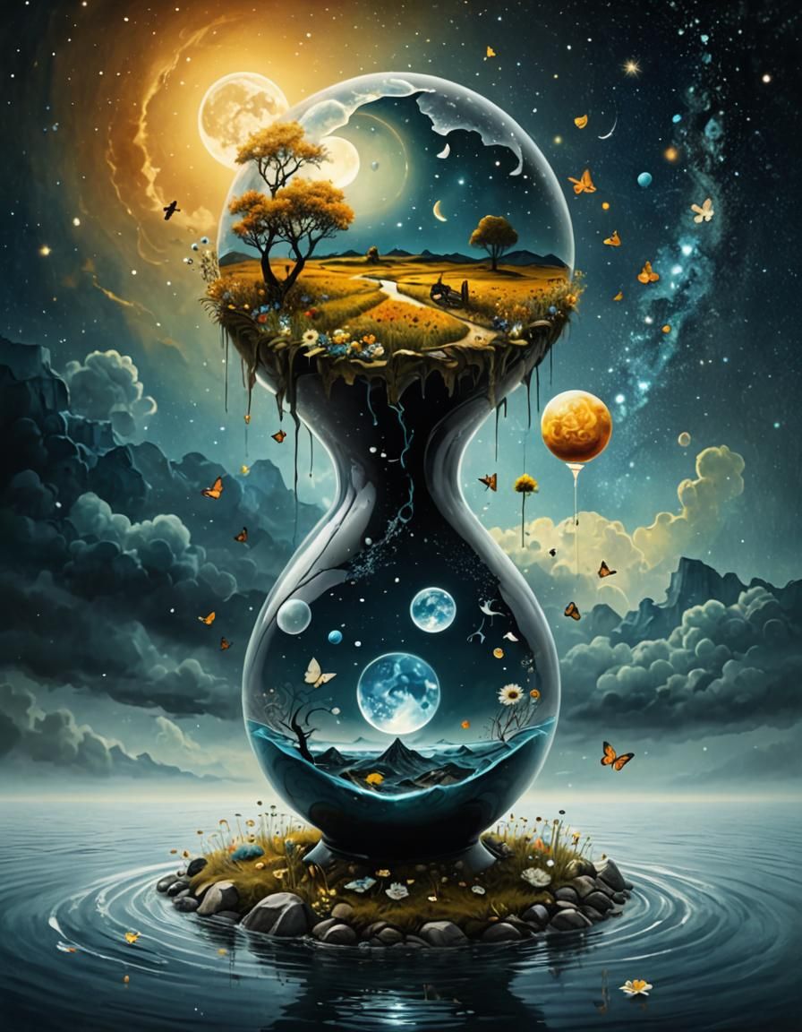 Surreal Hourglass Galaxy Landscape in Watercolor Style