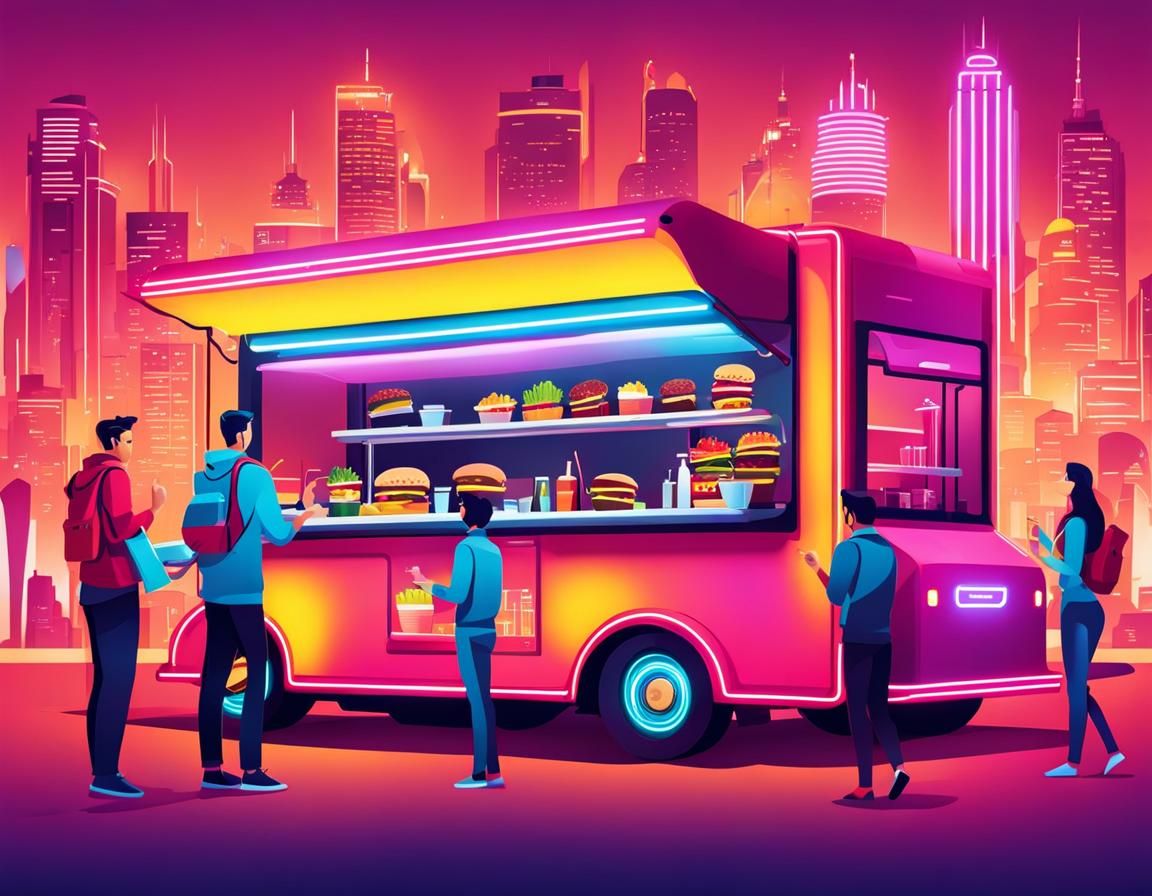 Futuristic Autonomous Food Truck with Neon Lights