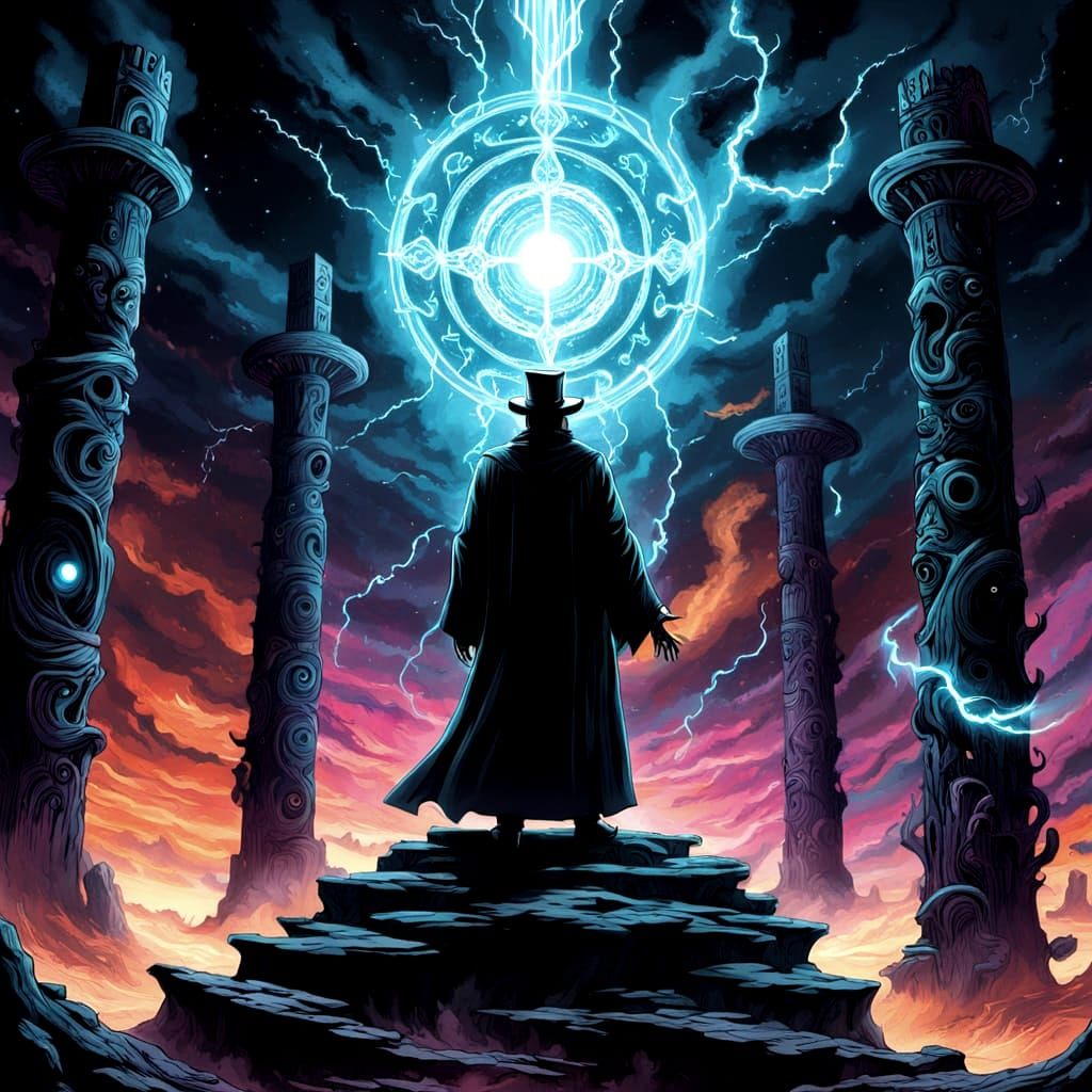 Magician Conjures Cosmic Portal Under Moonlight