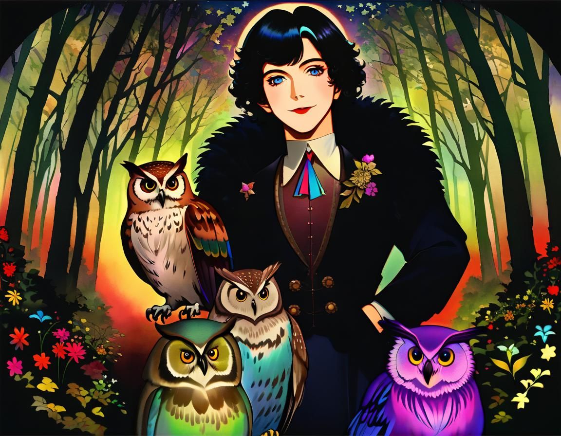 Bohemian Aristocrat Owl on Forest Trail in Cel-Shaded Style