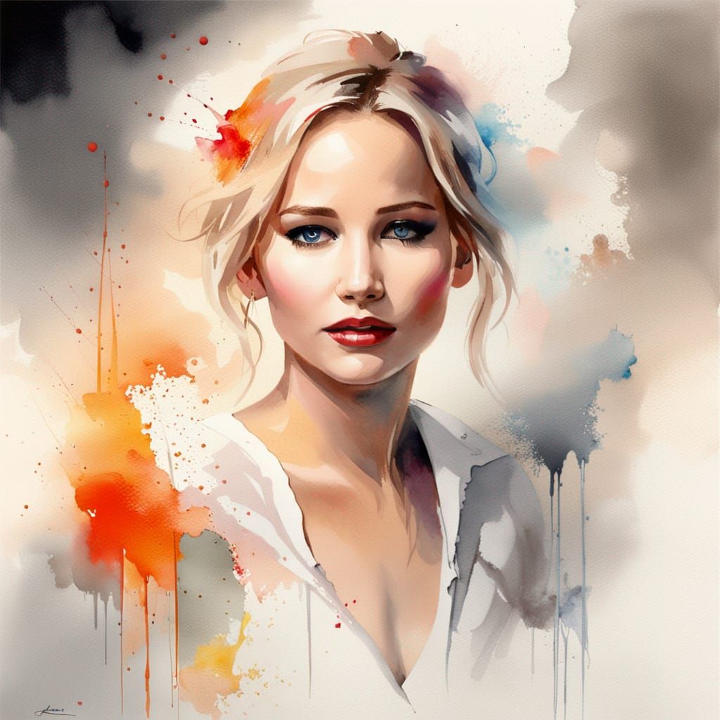 Jennifer Lawrence: Watercolor Portrait in Surrealist Style