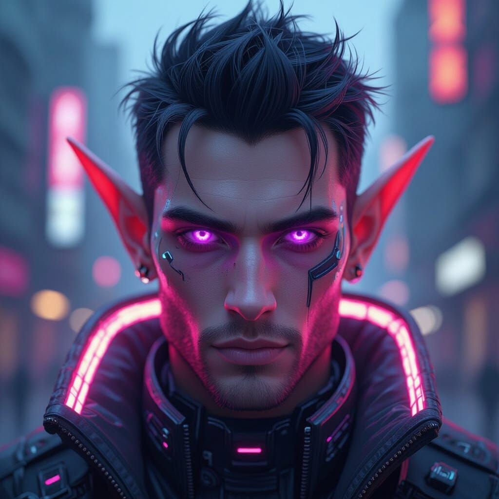 Cyberpunk Elf Portrait with Glowing Eyes