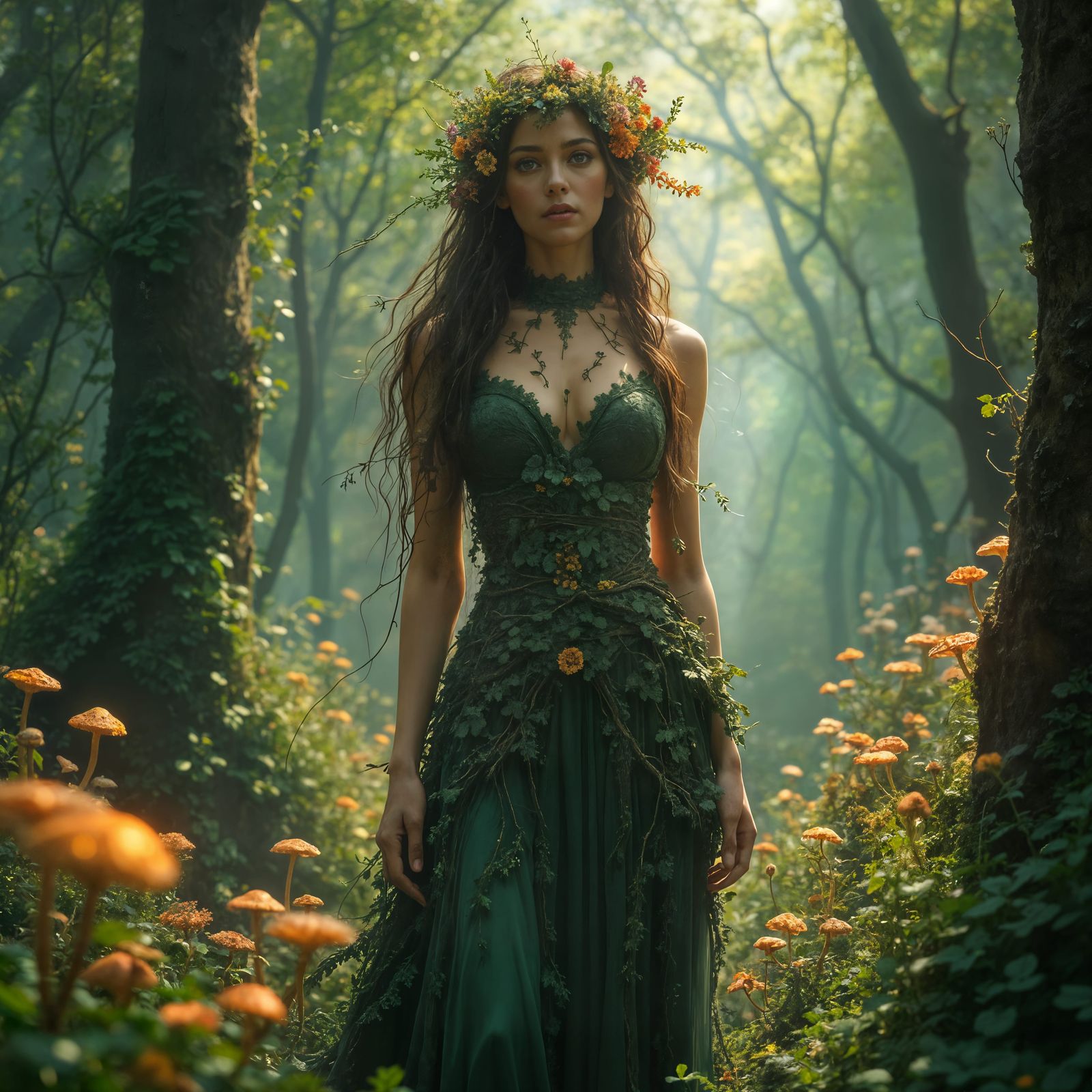 Majestic Druidess in Ancient Forest, Art Nouveau Style