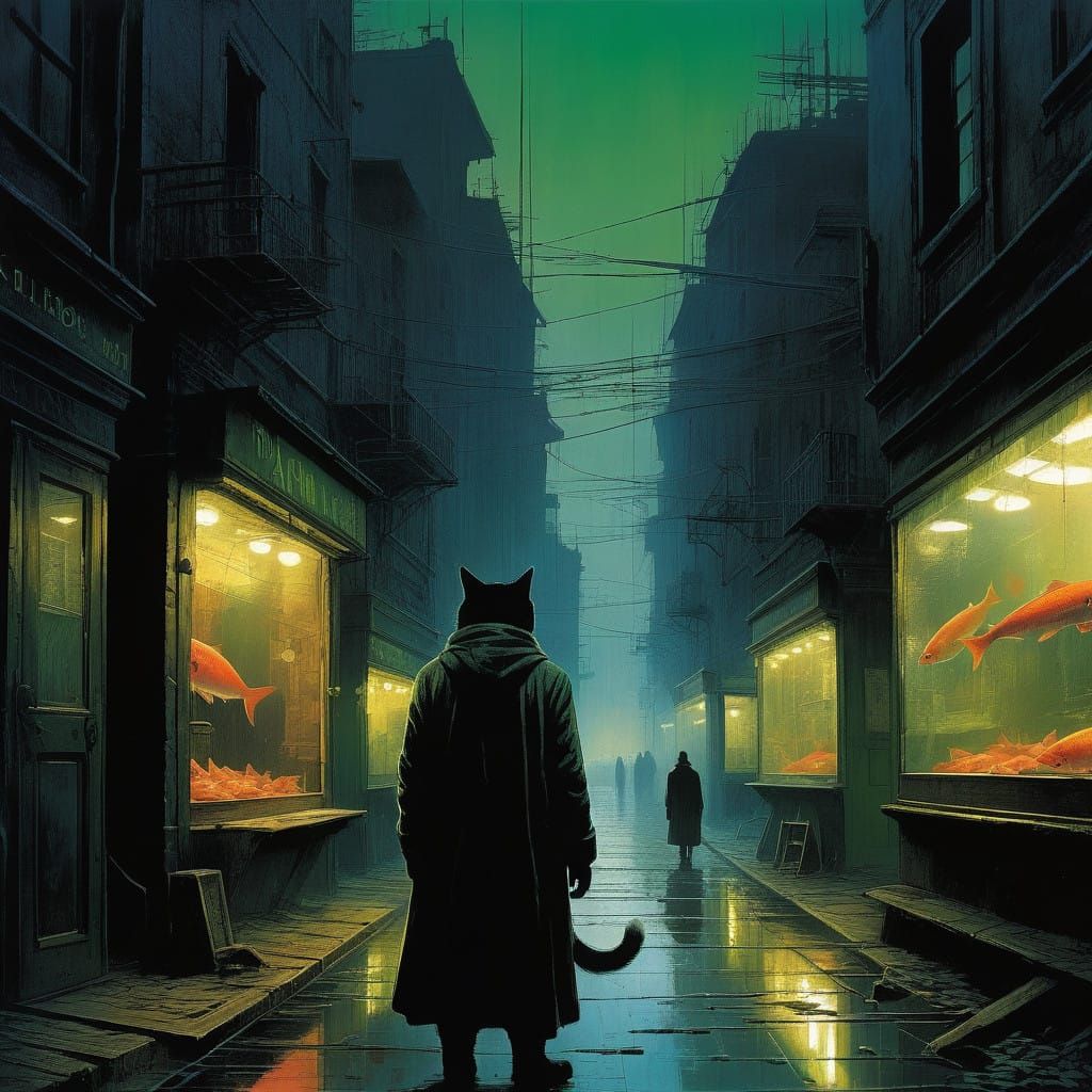 Whiskered City Cat Longingly Gazes at Fish Shop