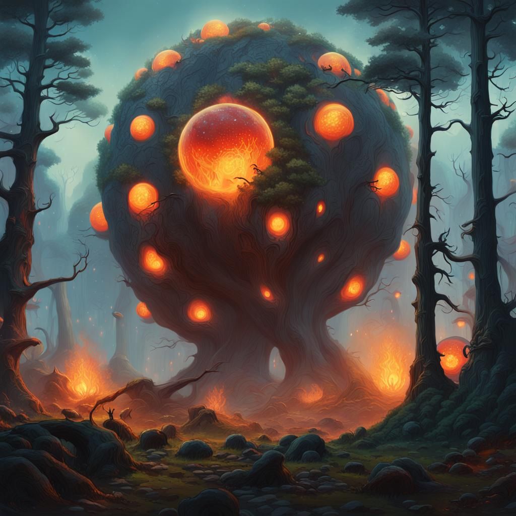 Mystical Forest With Giant Orbs, Fantasy Concept Art