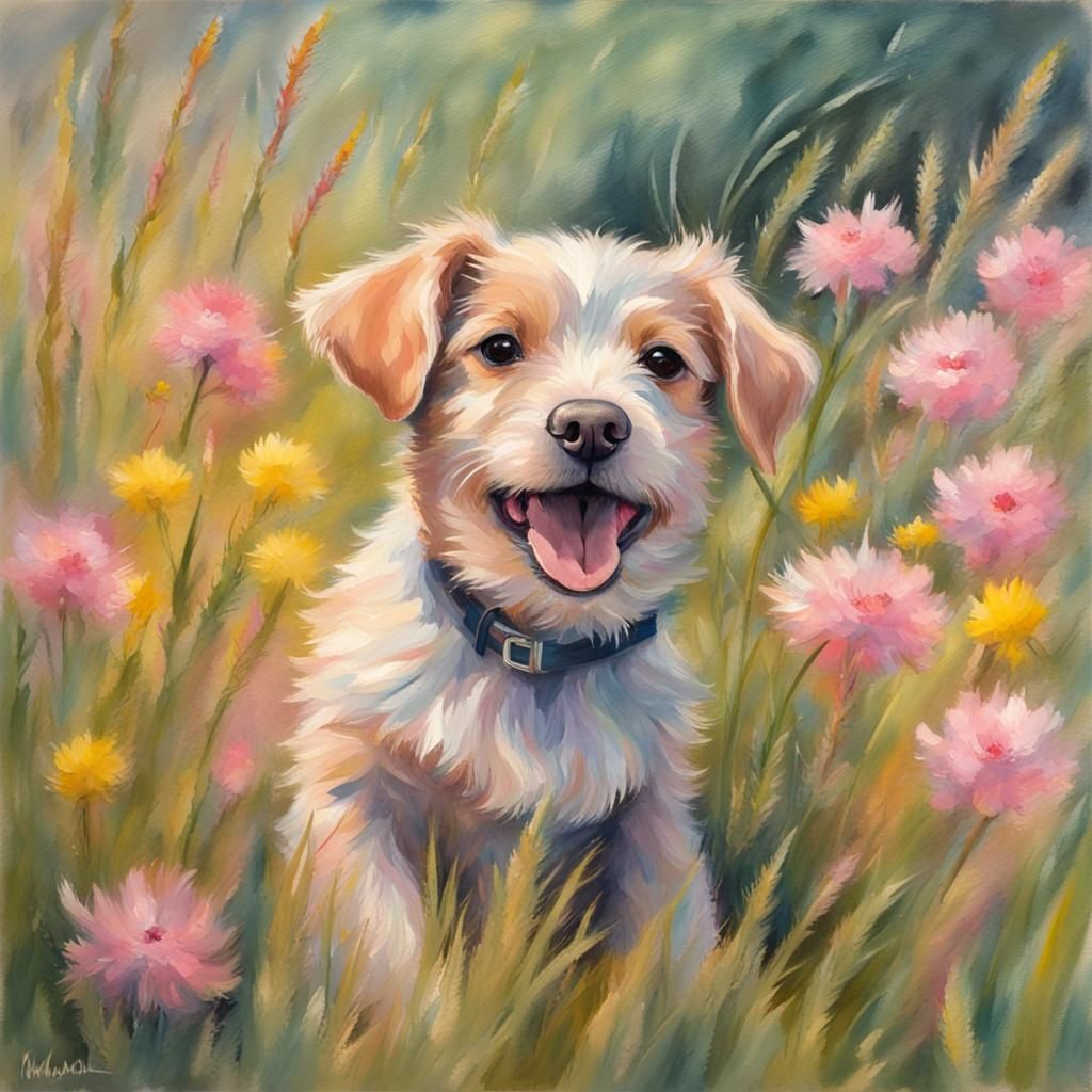 Smiling Puppy Portrait in Soft Pastel Gouache Style