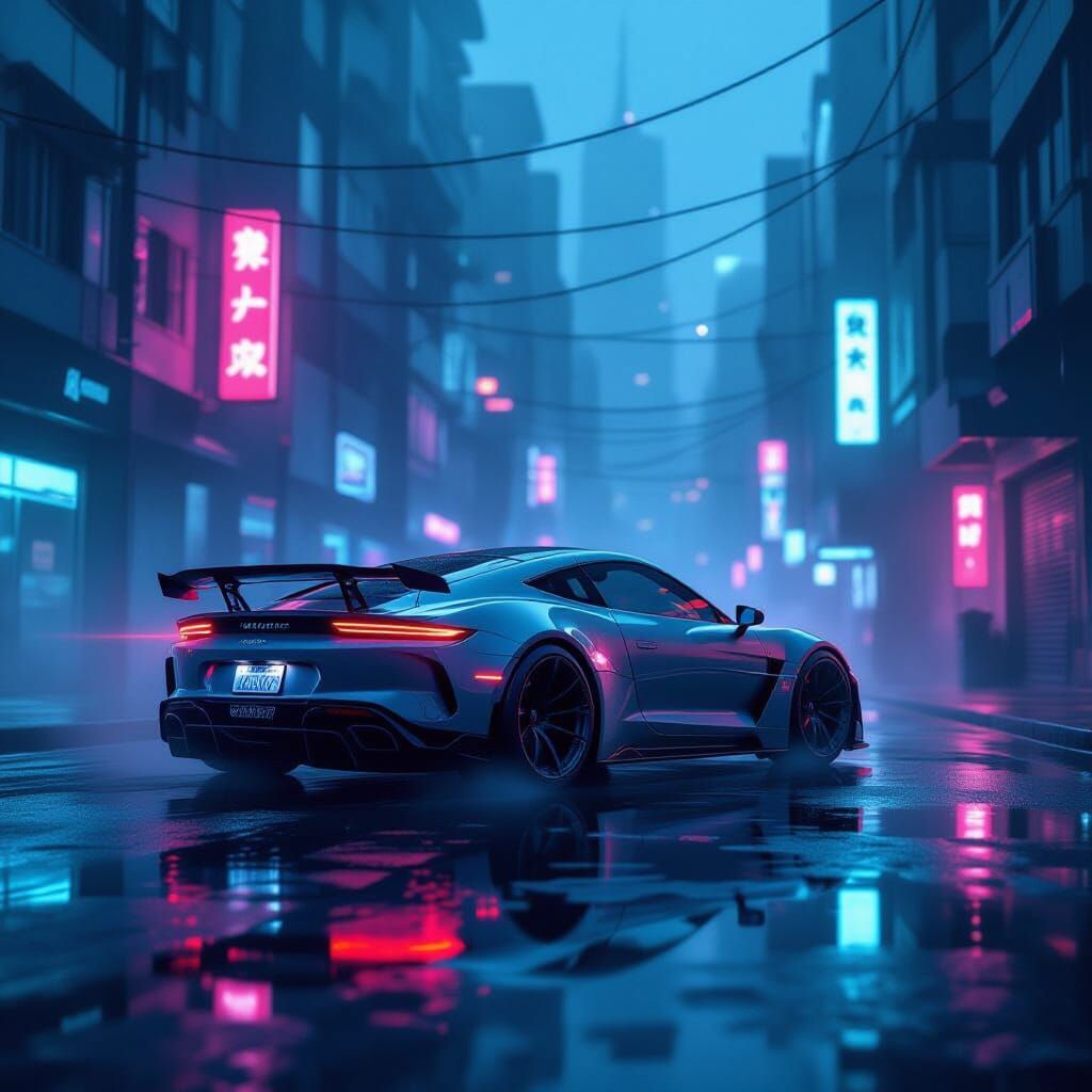 Cyberpunk Sports Car in Neon-Lit Digital Fog