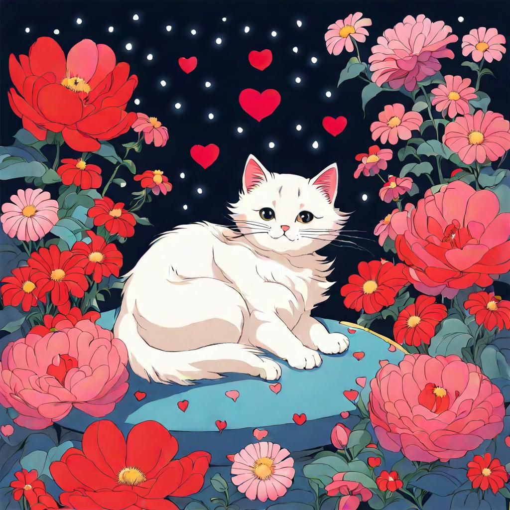 Cute Cat Surrounded by Flowers and Heart Lights