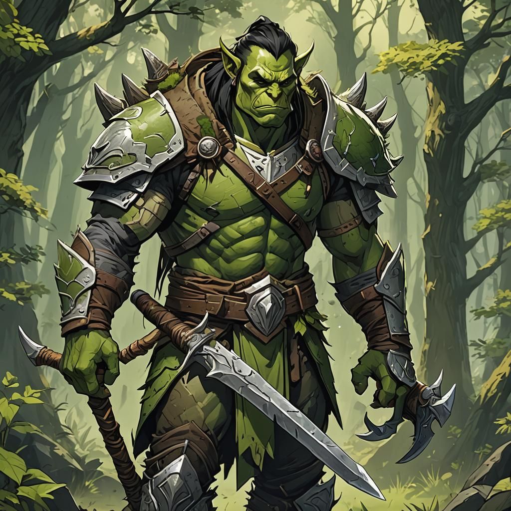 Half-Orc Druid in Anime Style Nature Armor