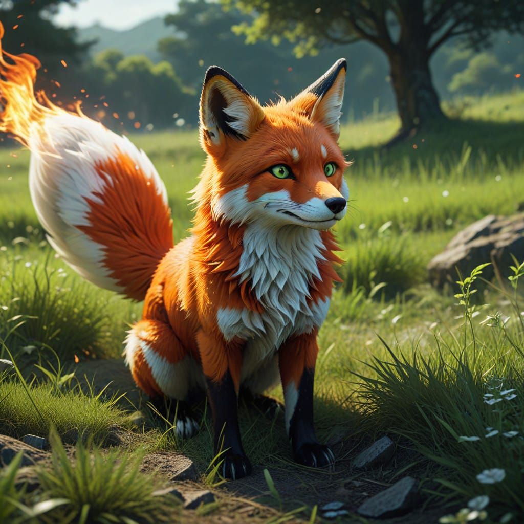 Cyberpunk Anime Fox Roams Vibrant Green Grasslands in Ultra...