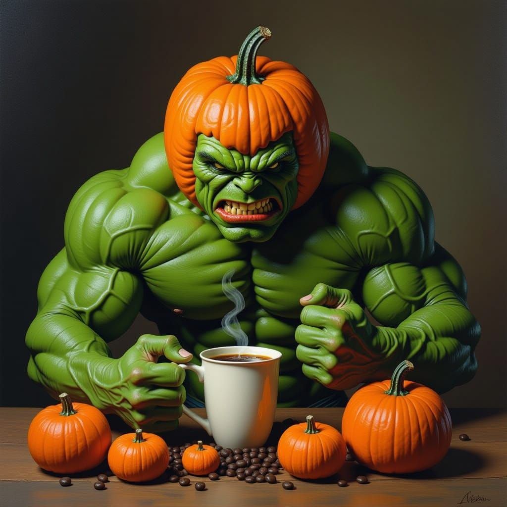 Muscular Pumpkin-Headed Bodybuilder Painting