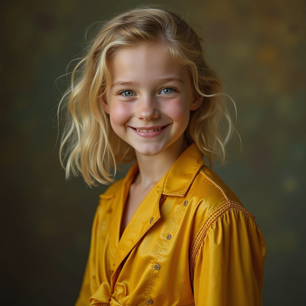 Sunny Girl in Yellow Bee-Stripe Dress, Smiling with Golden H...