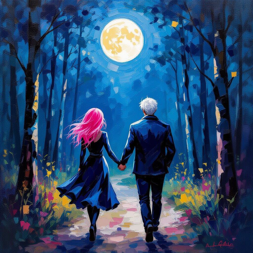 Pink Haired Woman and Man Walk into Forest Under Full Moon
