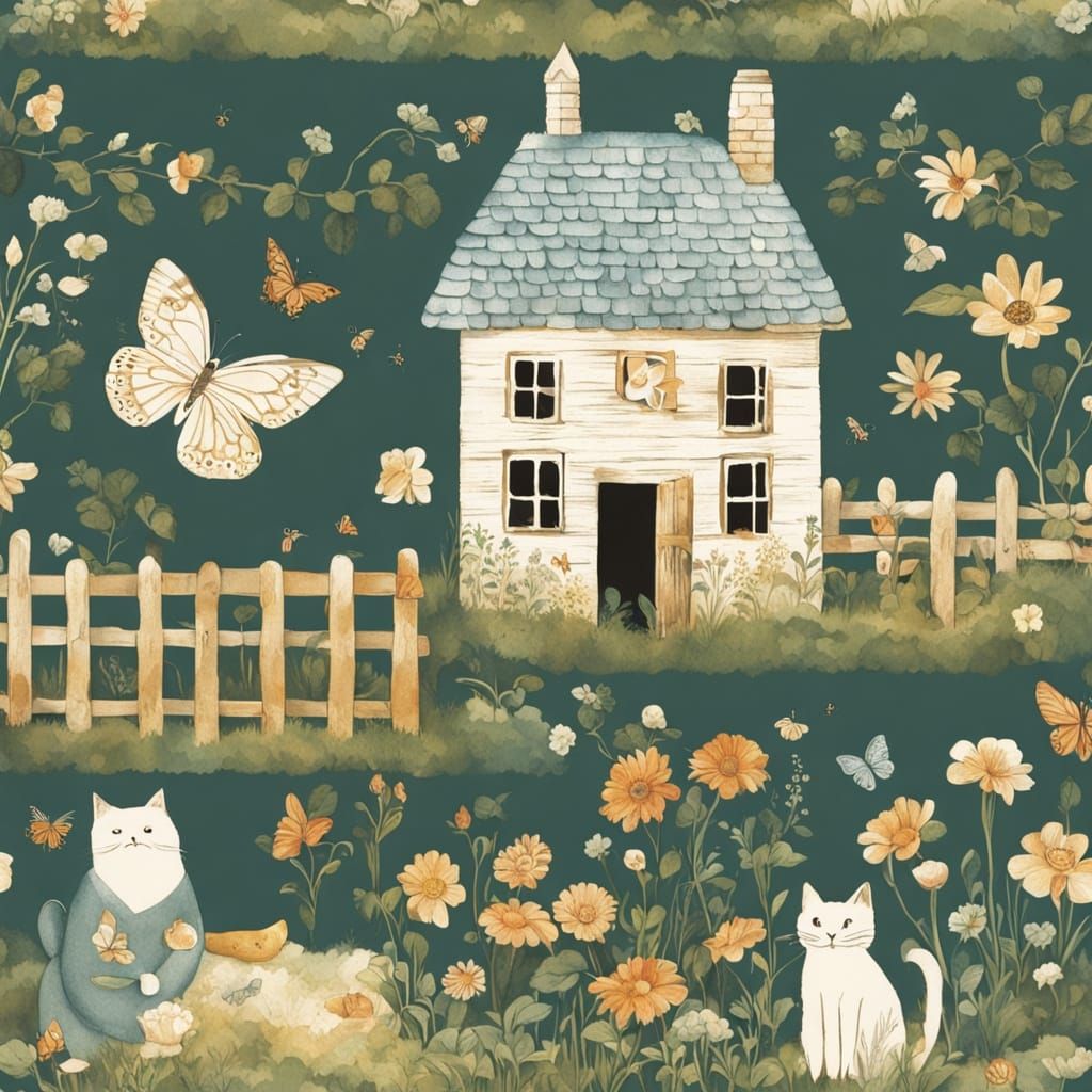 Moonlit Garden Scene with Cat and Ivy-Covered Shed