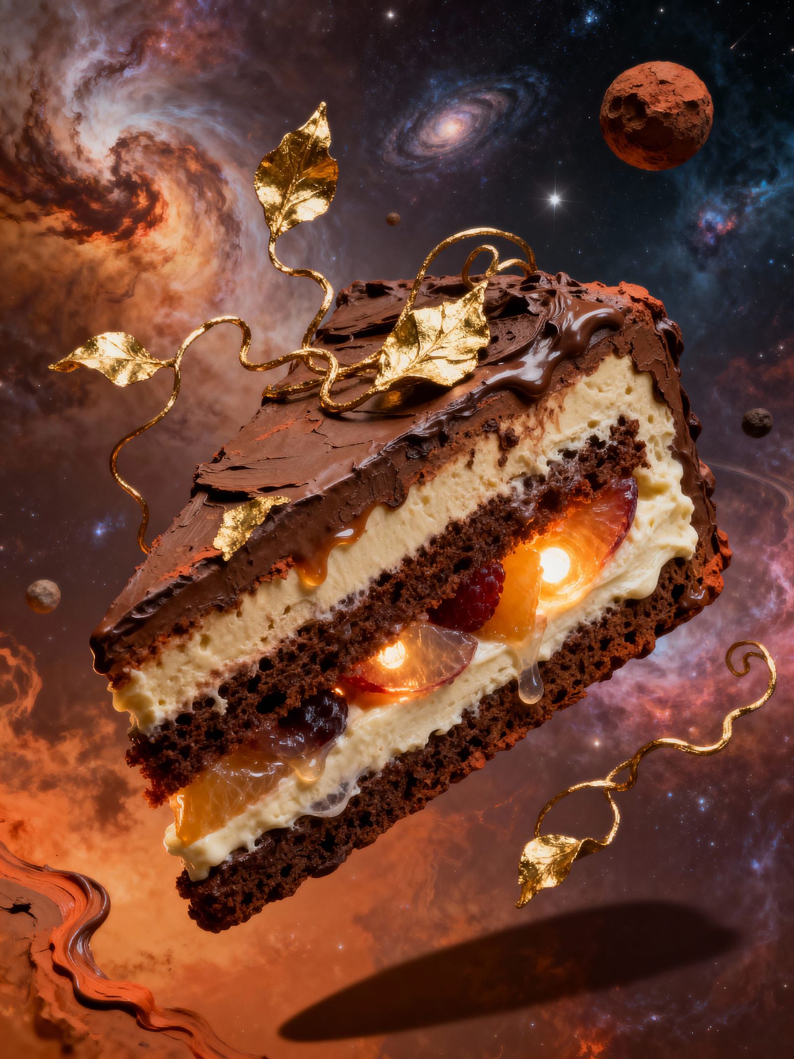 Surreal Chocolate and Coffee Sculpture in Cosmic Dreamscape