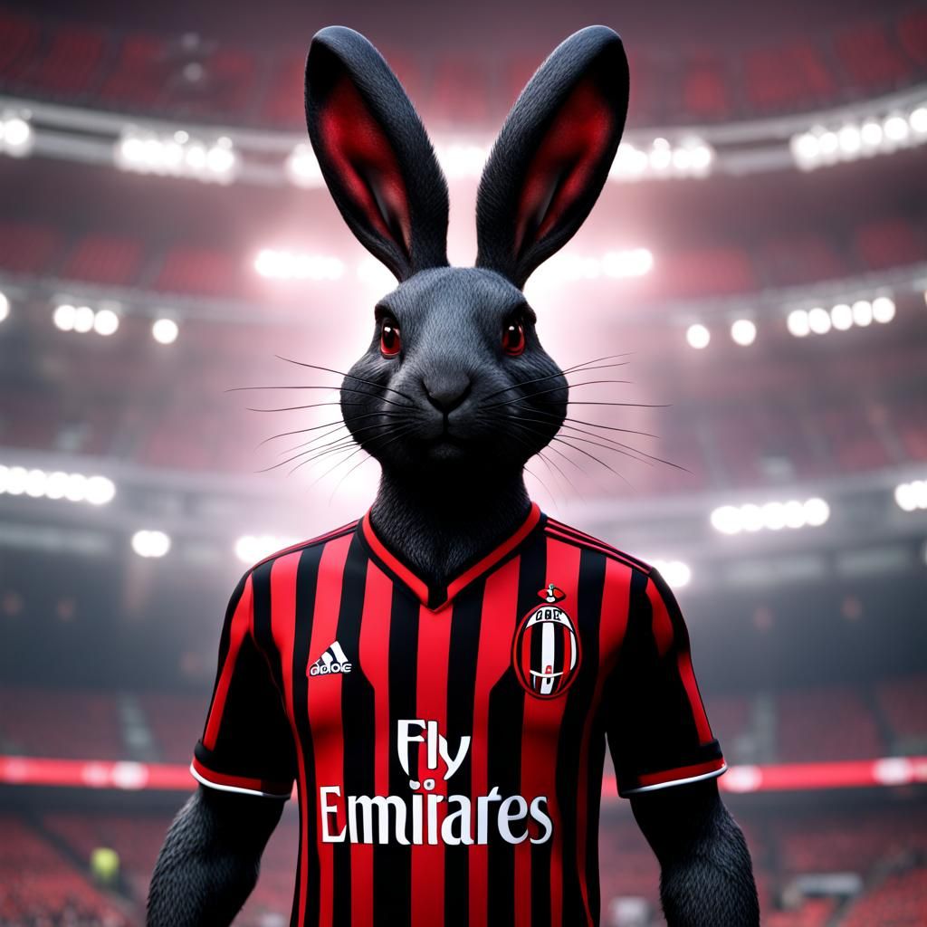 Black Rabbit in AC Milan Shirt, Detailed Digital Art