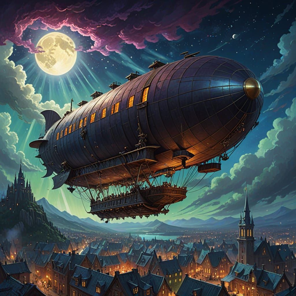 Steampunk Dirigible Over Medieval City in Aurora Sky