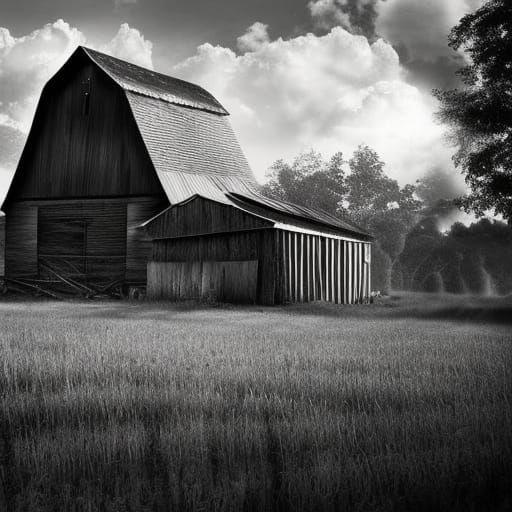 Dramatic Black and White Farm Scene