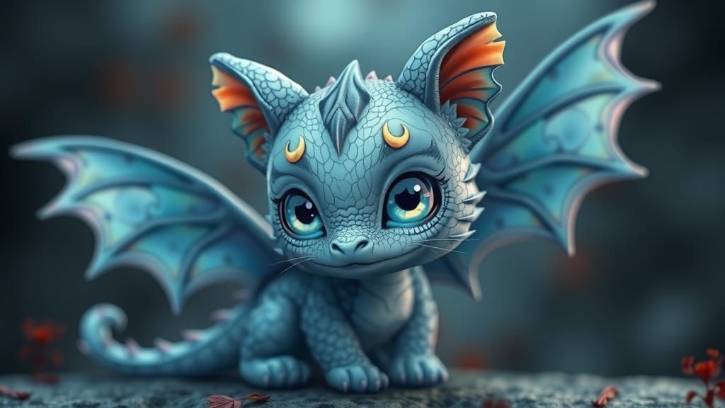Gothic Blue Chibi Kitty Dragon with Crescent Moon Eyes and B...