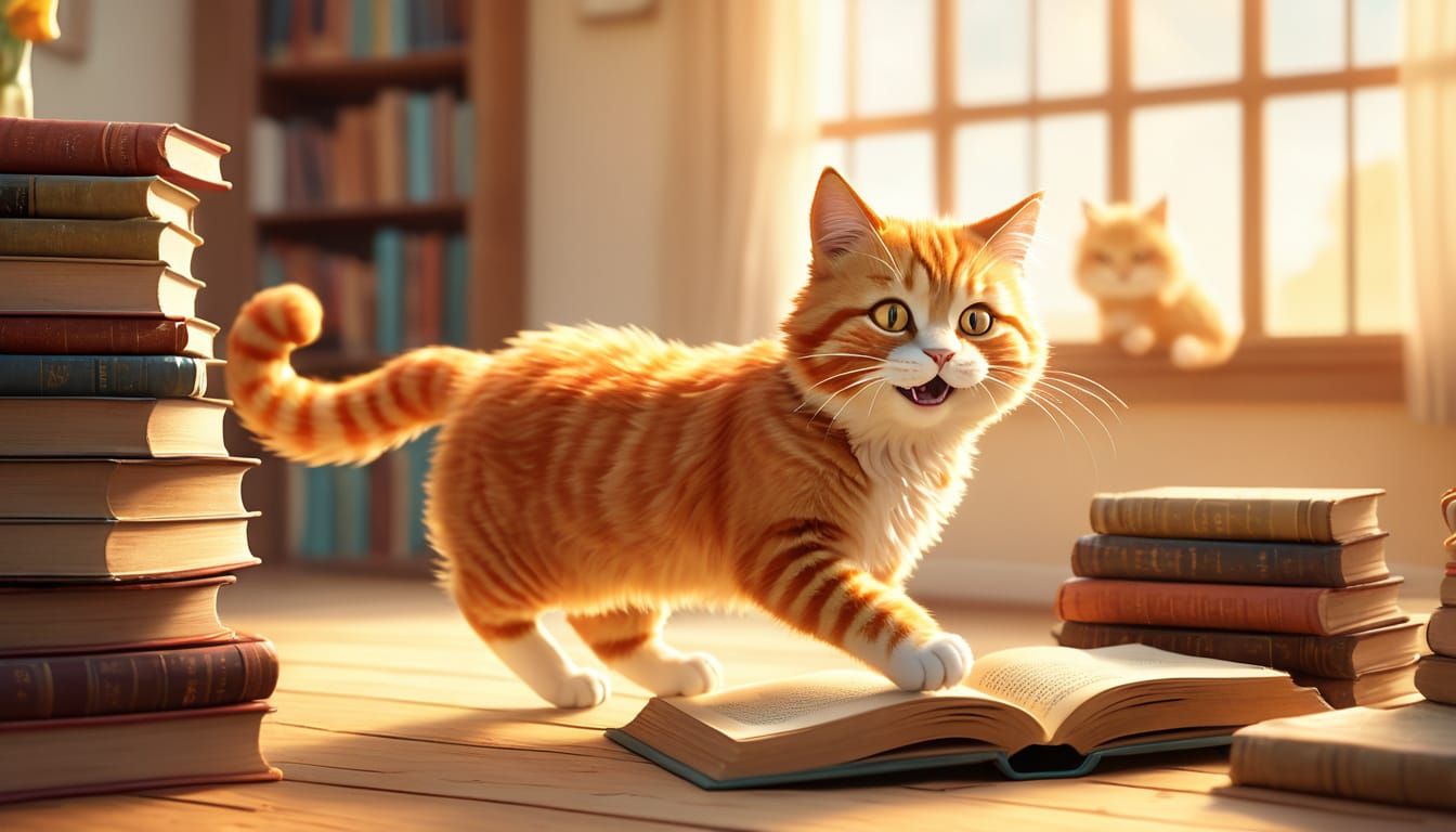 Funny Ginger Cat Tumbles Through Air in Storybook Style