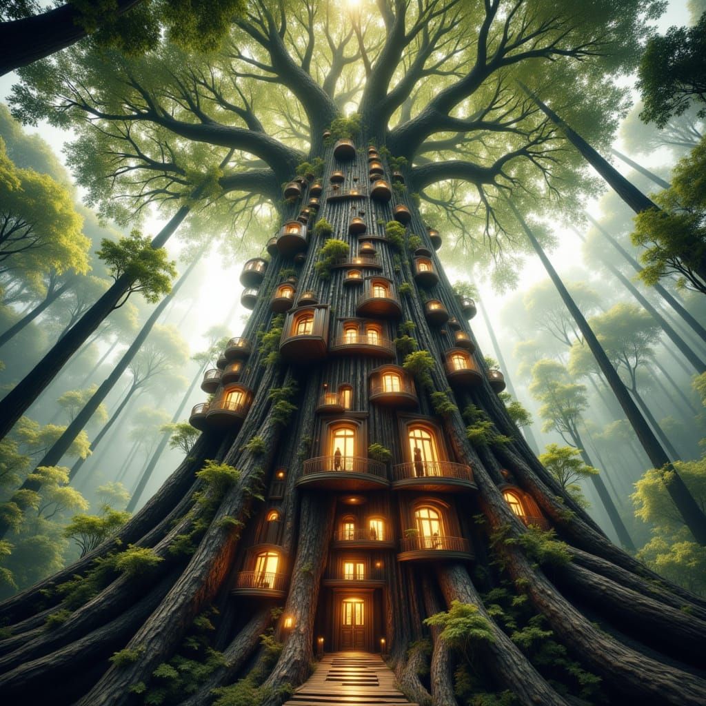 Colossal Tree City: Low Angle Architectural Marvel