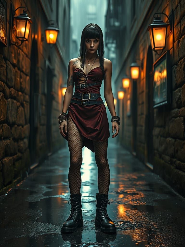 Cyberpunk Warrior in Ancient Alleyway
