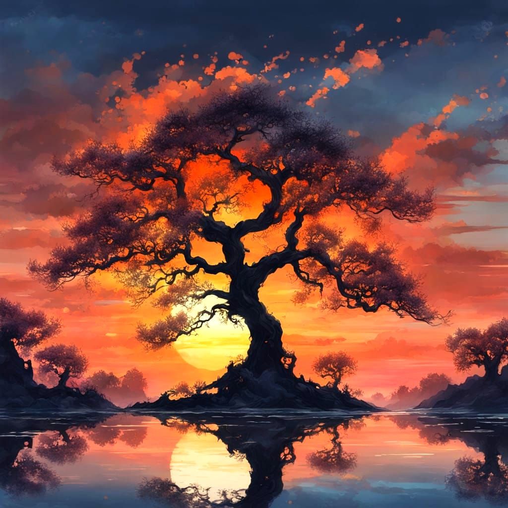 Twisted Cherry Blossoms at Sunset in a Vintage Watercolor St...