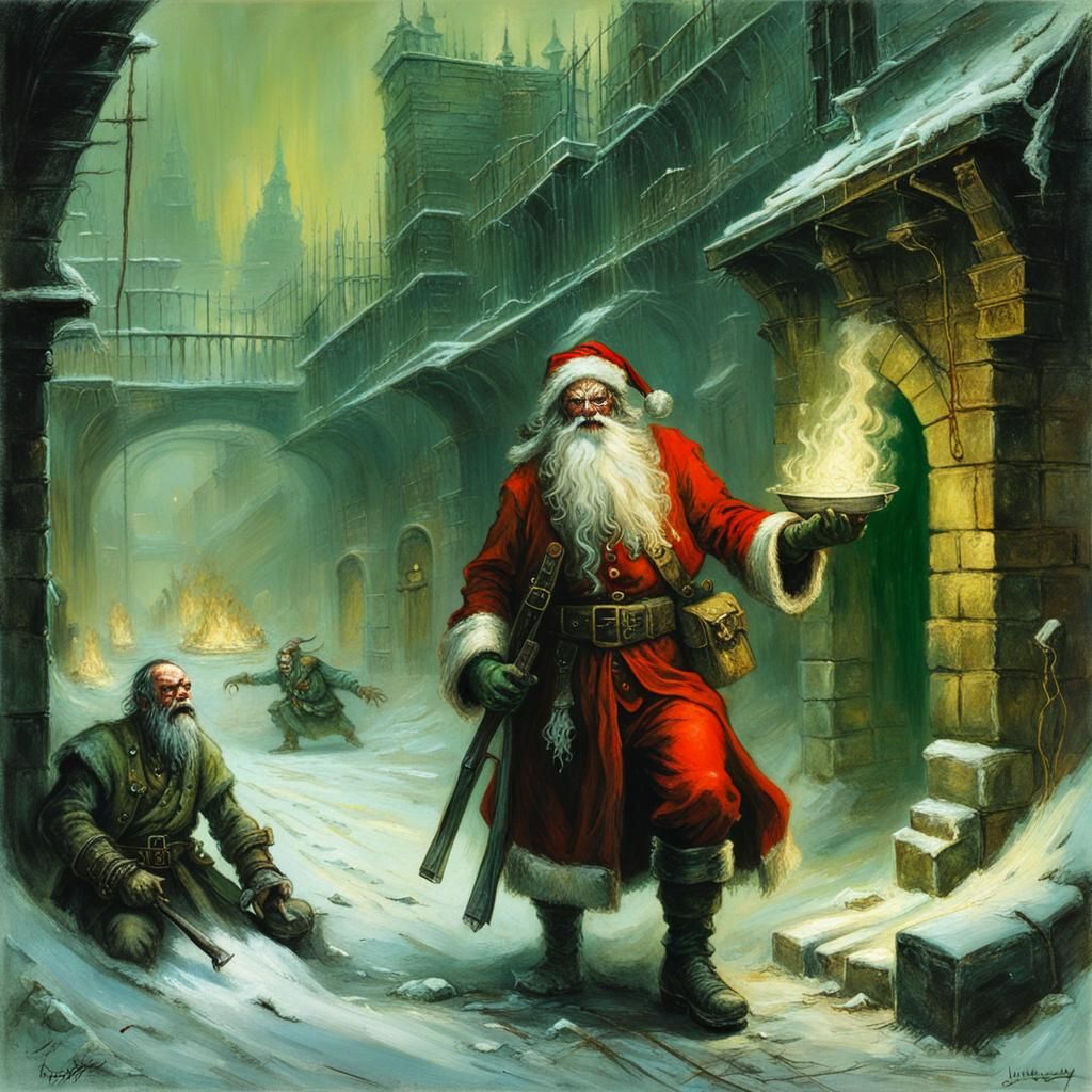Badass Riot Santa Claus in Sewers, Dark Fantasy Style