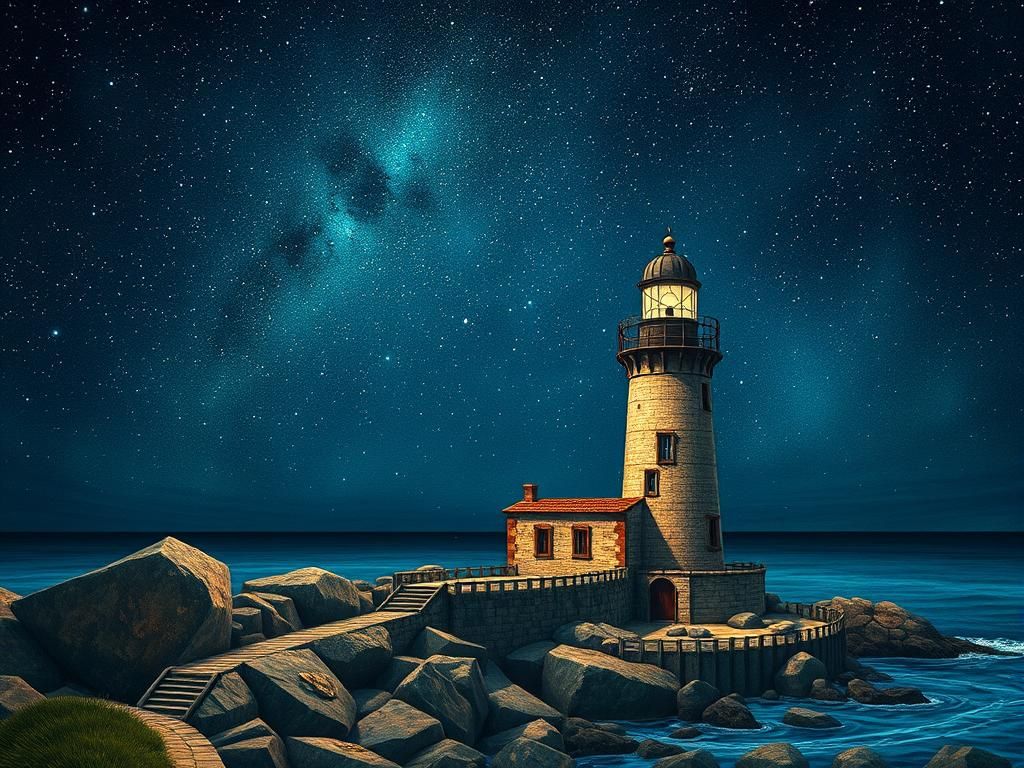 Seaside Lighthouse Under Starry Sky, Art Brut Style
