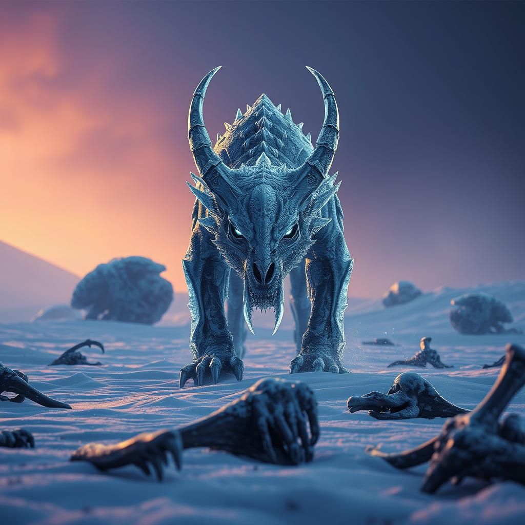 Icy Cerberus in Snowy Clearing: Dark Fantasy Art