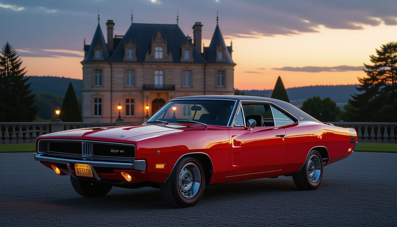 Crimson 1969 Dodge Charger at Dusk Chateau