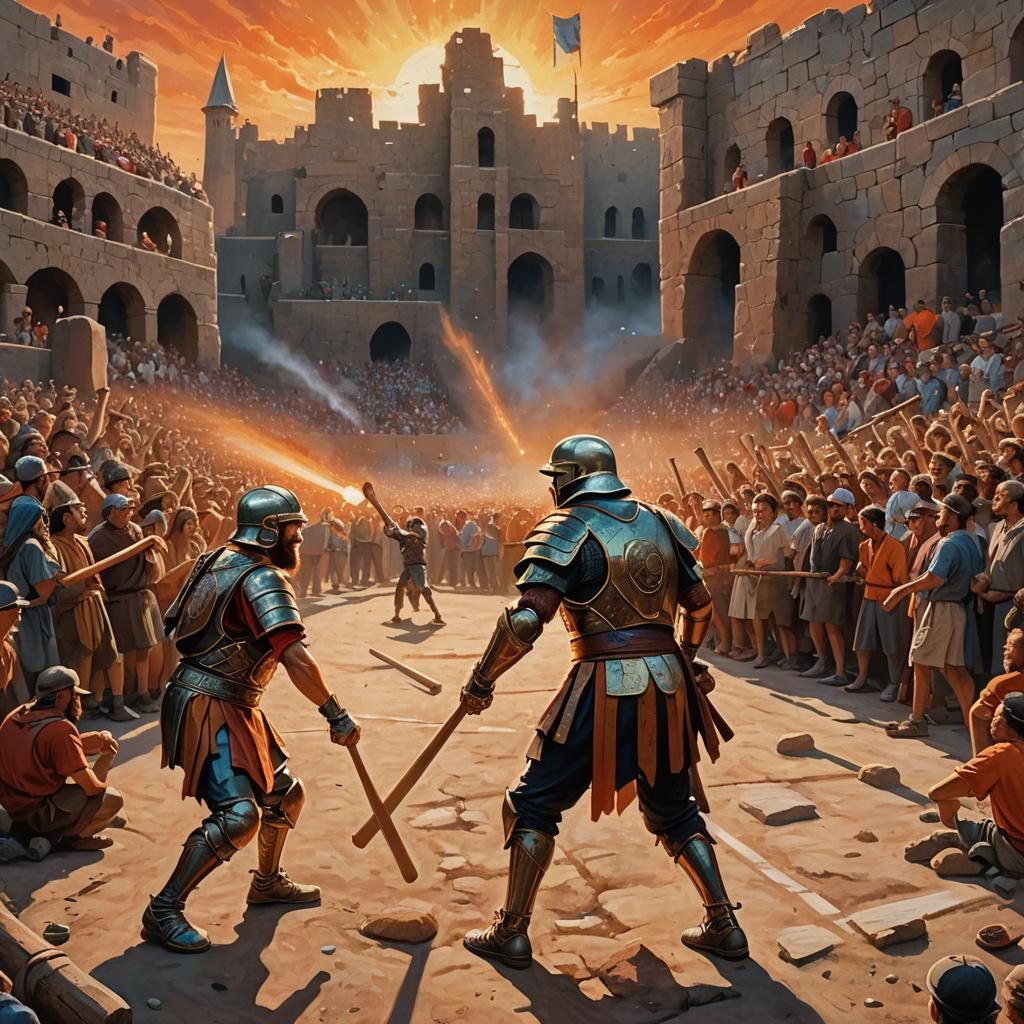 Epic Baseball Face-Off: David vs Goliath in Oil Painting