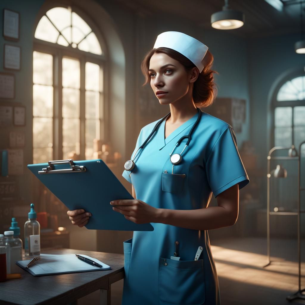 Nurse with Clipboard: Detailed Fantasy Concept Art