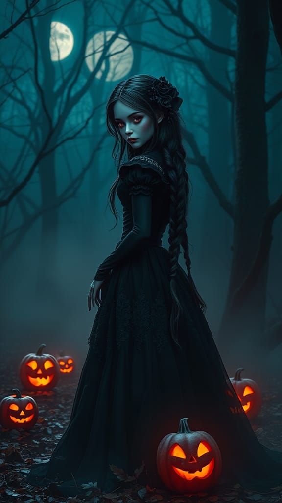 Eerie Doll in Forest with Cyberpunk Noir Glow