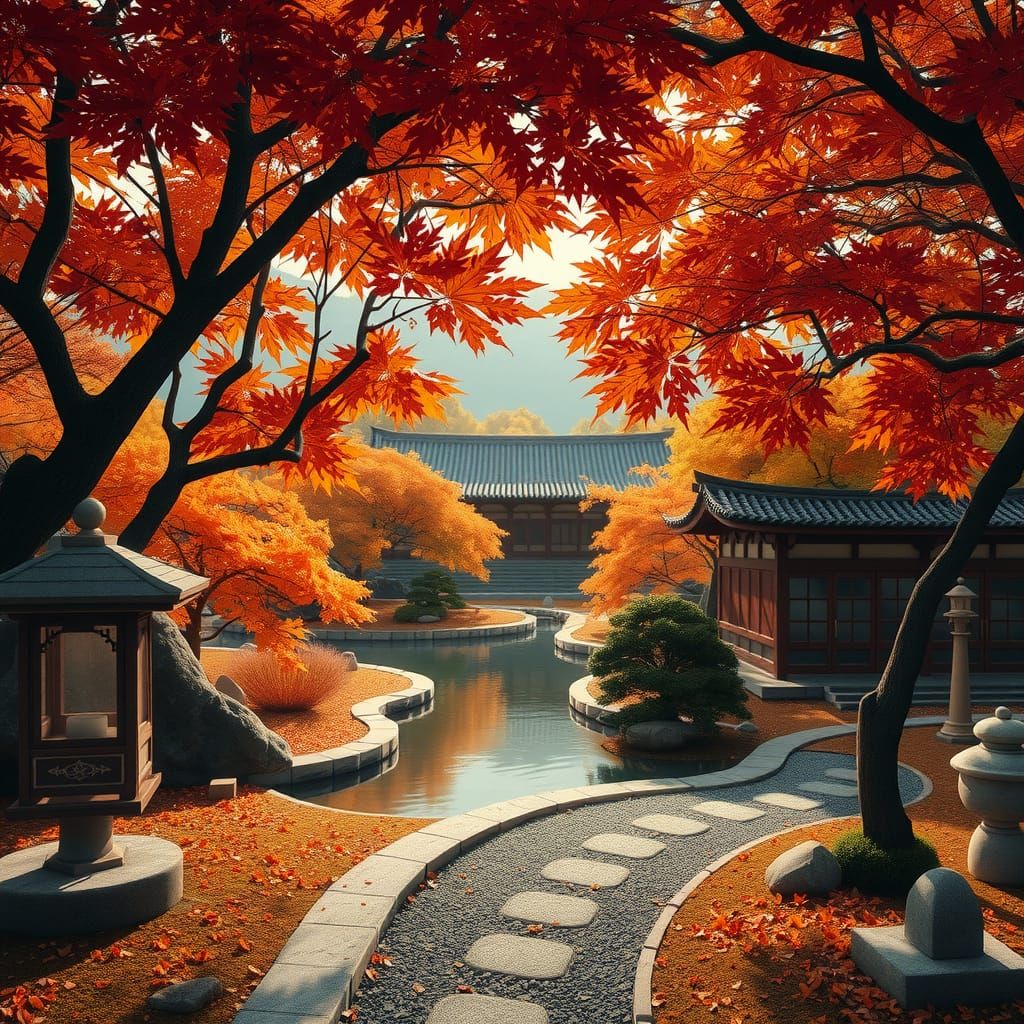 Ghibli-Inspired Zen Garden in Autumn Bloom