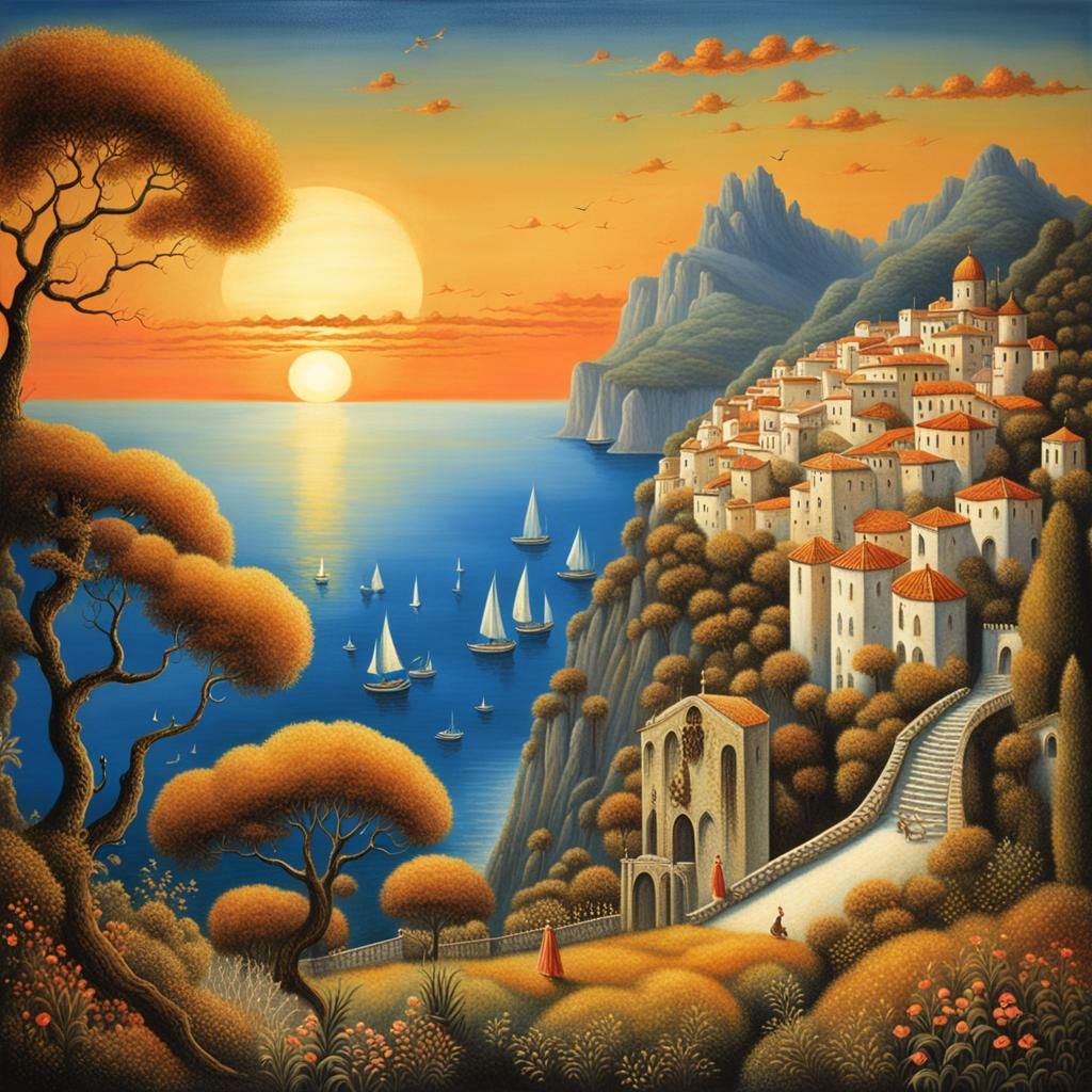 Amalfi Sunset Landscape Inspired by Golden Age Illustration