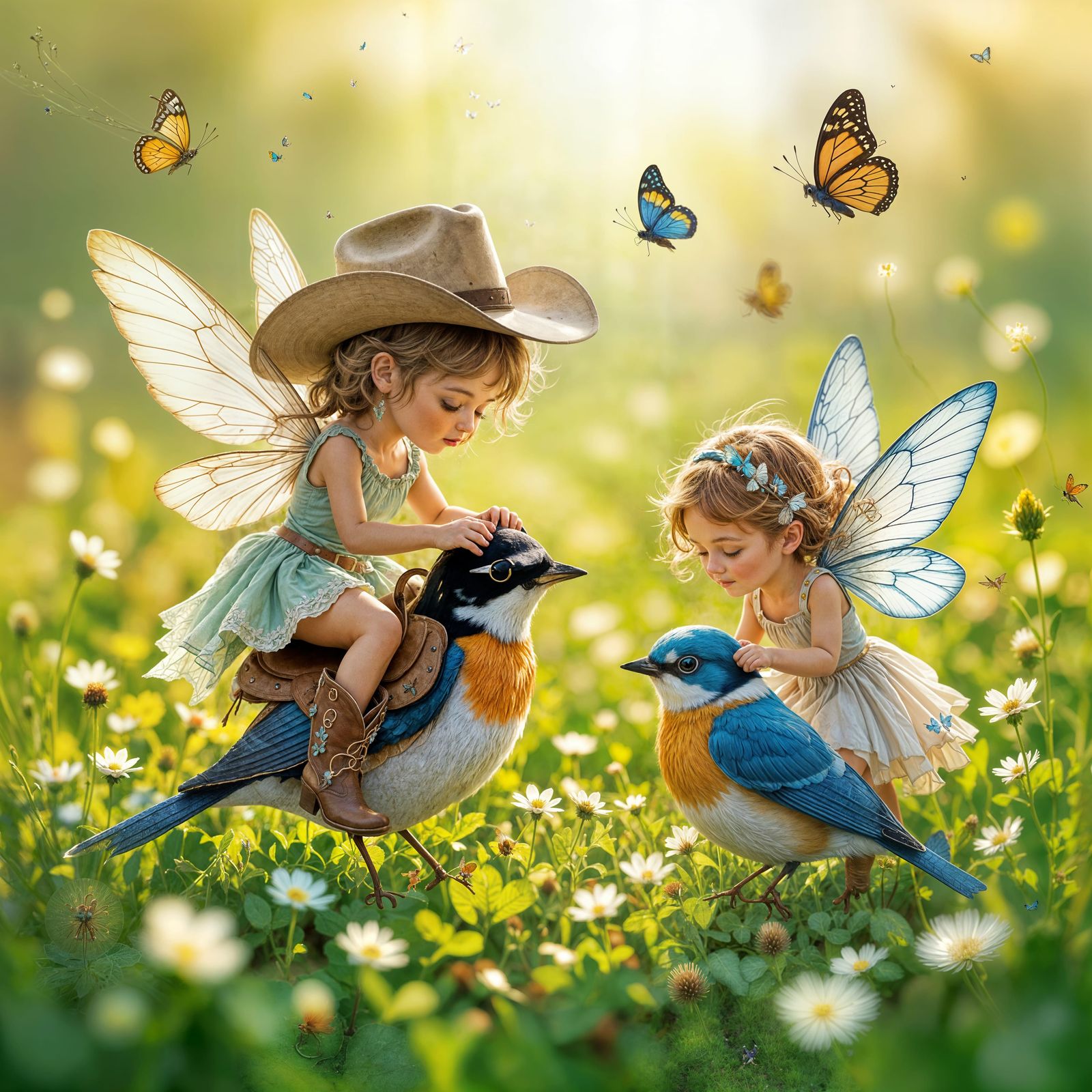 Fairies in Cowboy Gear Saddle Birds in Clover Field