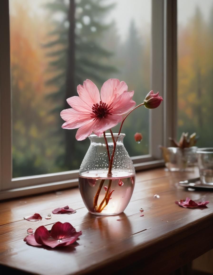 Delicate Flower Oil Painting with Autumnal Backdrop