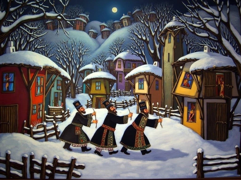 Orthodox Priests in Snowy Village, Naive Art Style