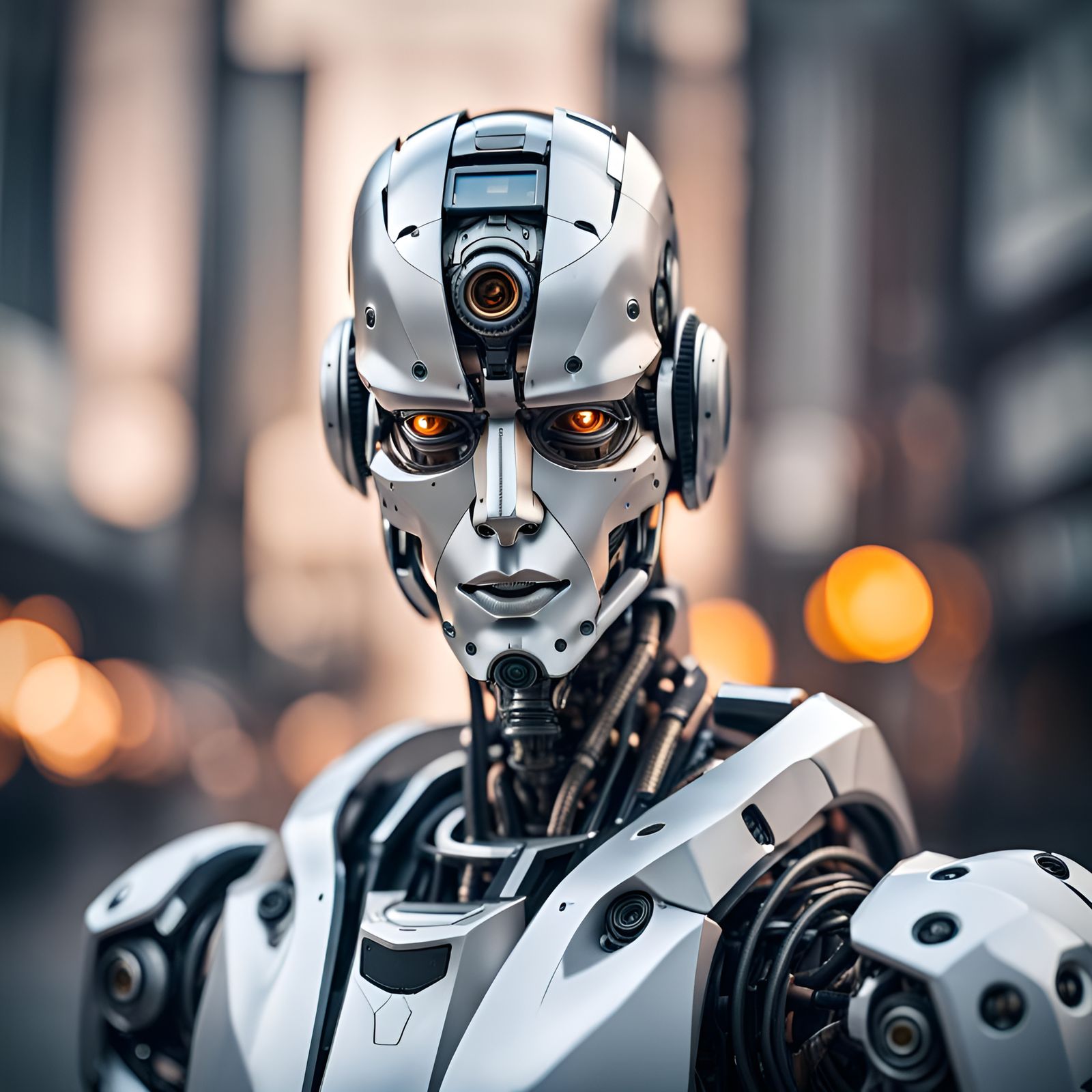 Tall Humanoid Robot in Apocalyptic Landscape