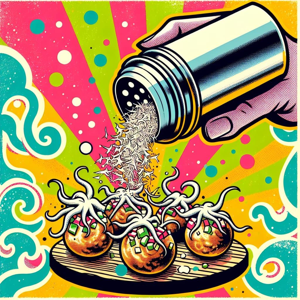 Cartoon Takoyaki with Bonito Flakes in Ukiyo-e Style