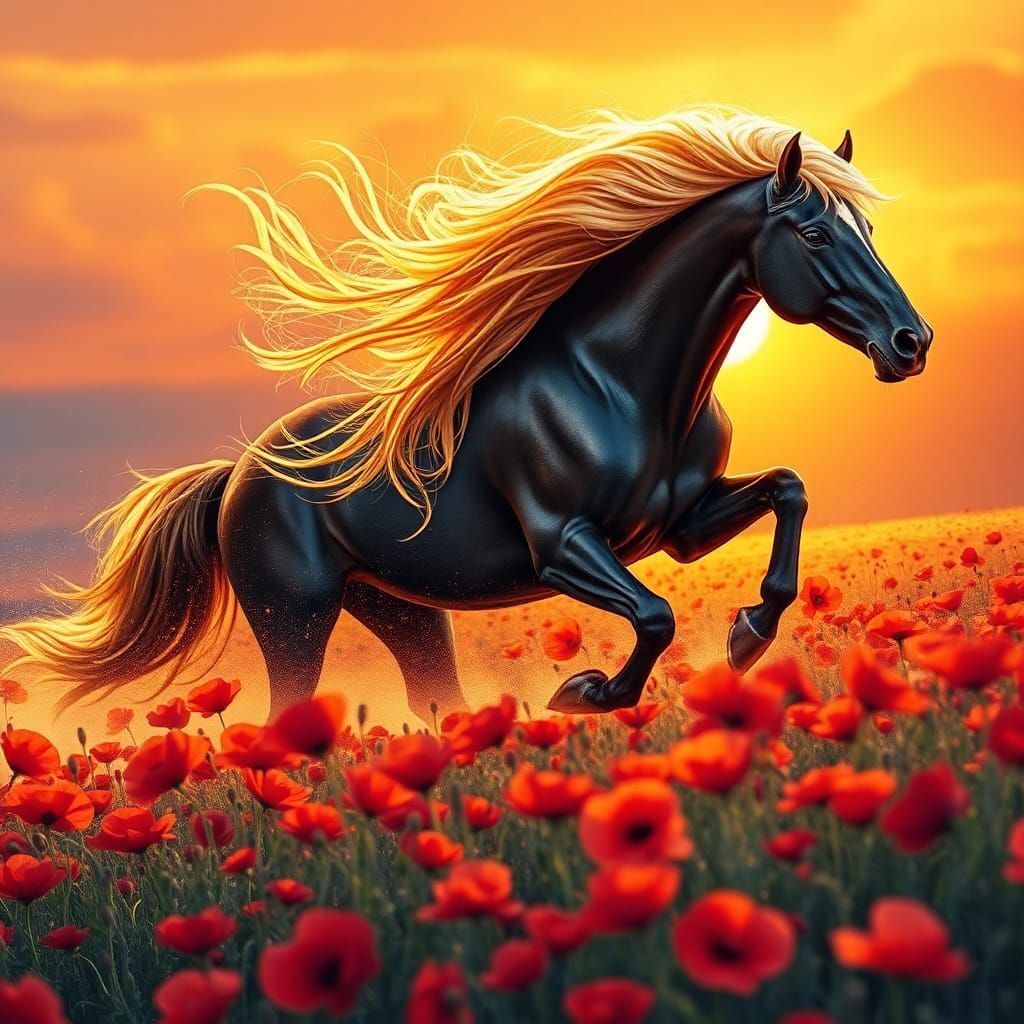 Black Andalusian and Arabian Horses Galloping at Dawn