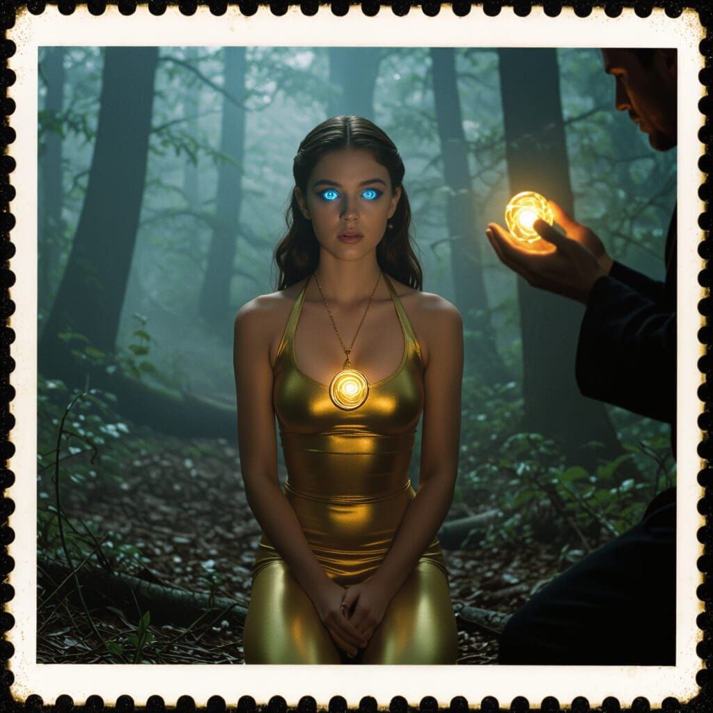 Hypnotized Girl in Misty Forest, Cinematic Film Still