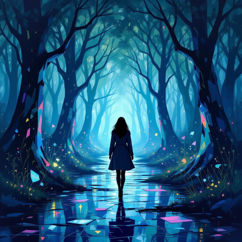 Dreamlike Forest Scene with Painterly Trees and Glass Mosaic...