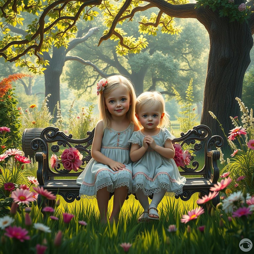 Whimsical Garden Scene with Blonde Sisters