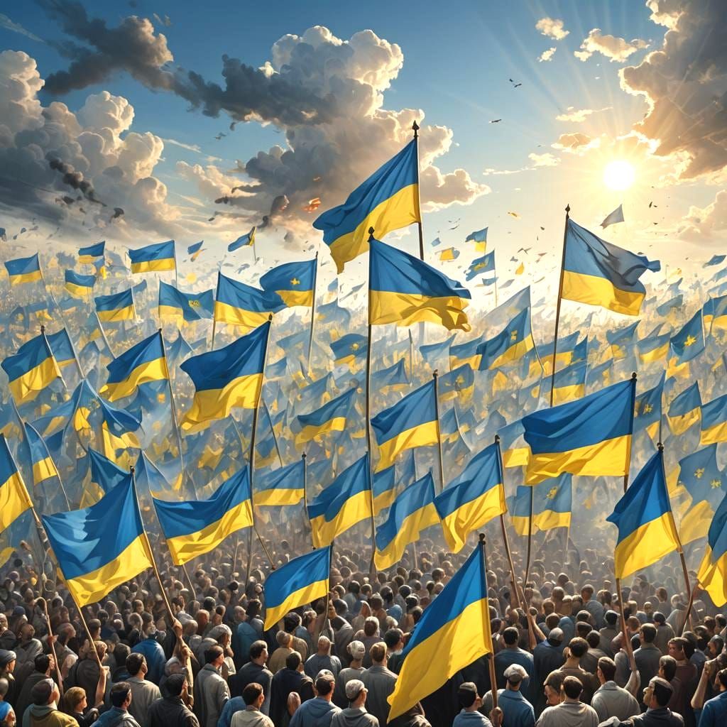 Ukrainian Flags Under Contrasting Skies