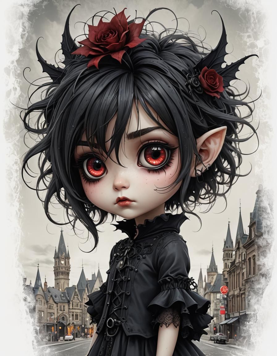 Gothic Noir Pixie in Victorian Cityscape