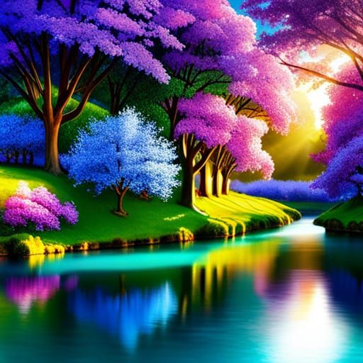 Enchanting Fairy Land with Cherry Blossoms at Sunset