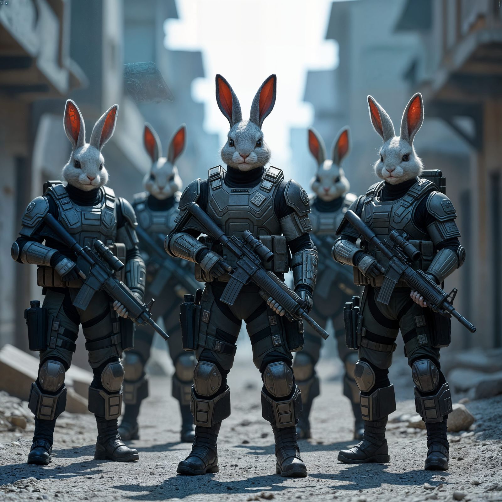 Rabbit Special Forces in War-Torn Cityscape
